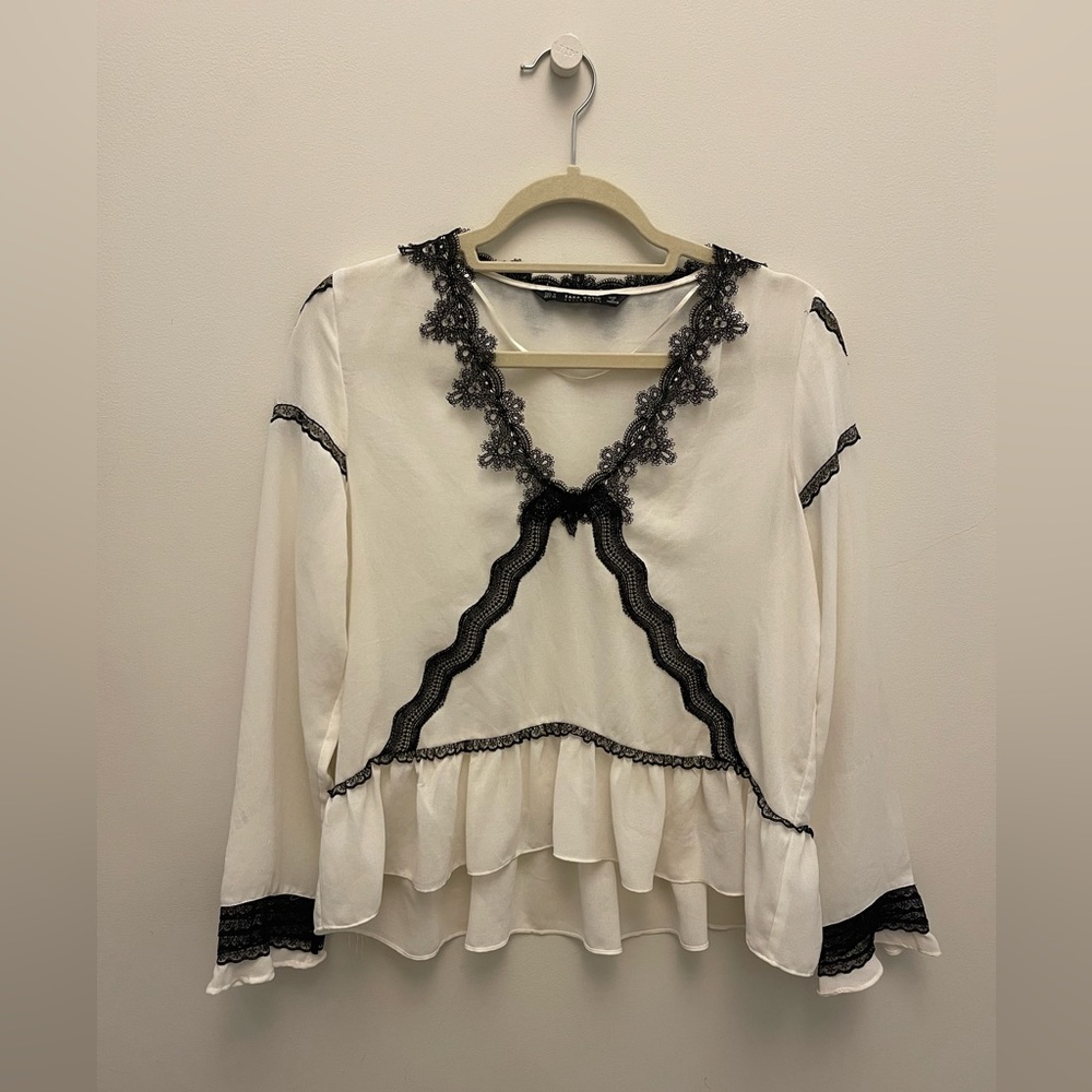 Zara Long Sleeve Blouse with Peplum, White & Black, Medium